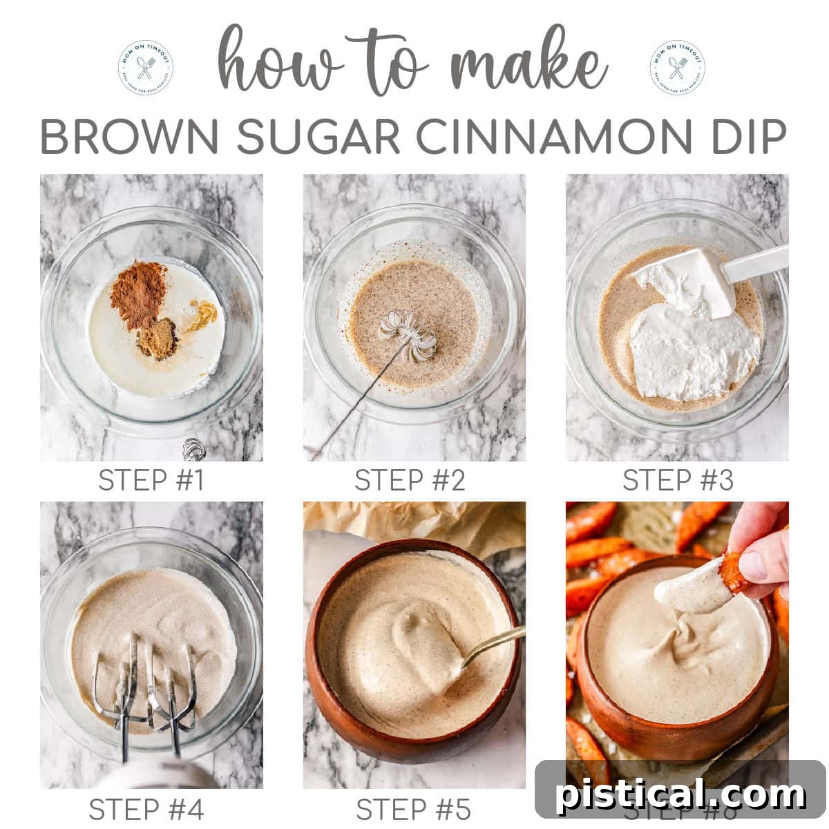 A graphic featuring six sequential images demonstrating how to prepare the luscious brown sugar cinnamon marshmallow dip for sweet potato wedges.