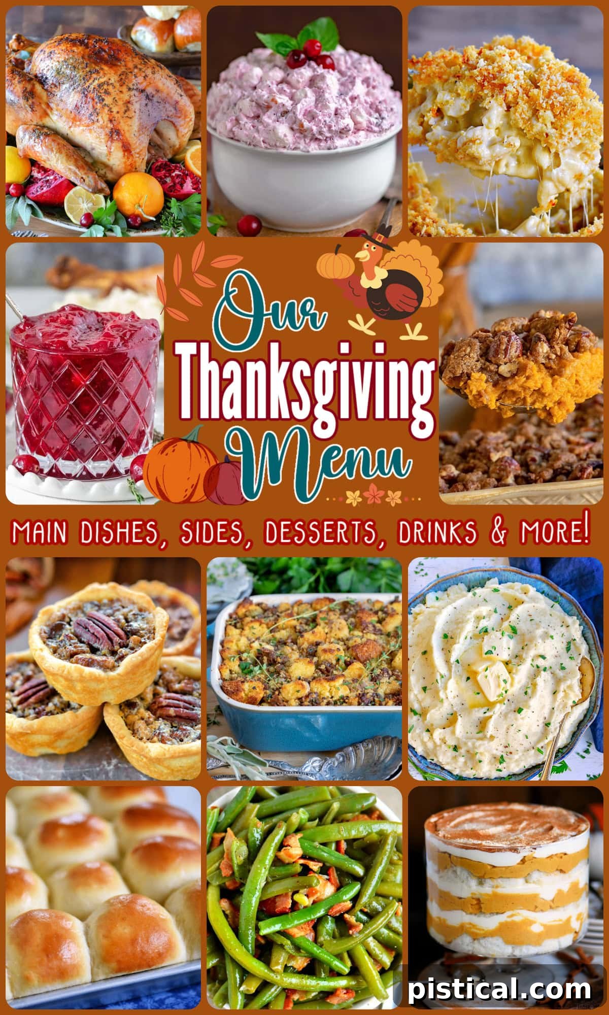 A second stunning Thanksgiving menu collage, mirroring the first, showcasing an array of classic holiday dishes like roast turkey, cranberry sauce, mac and cheese, and various desserts. The text overlay reads 'The Ultimate Thanksgiving Menu: Turkey, Sides & Desserts', perfect for comprehensive holiday meal planning inspiration.