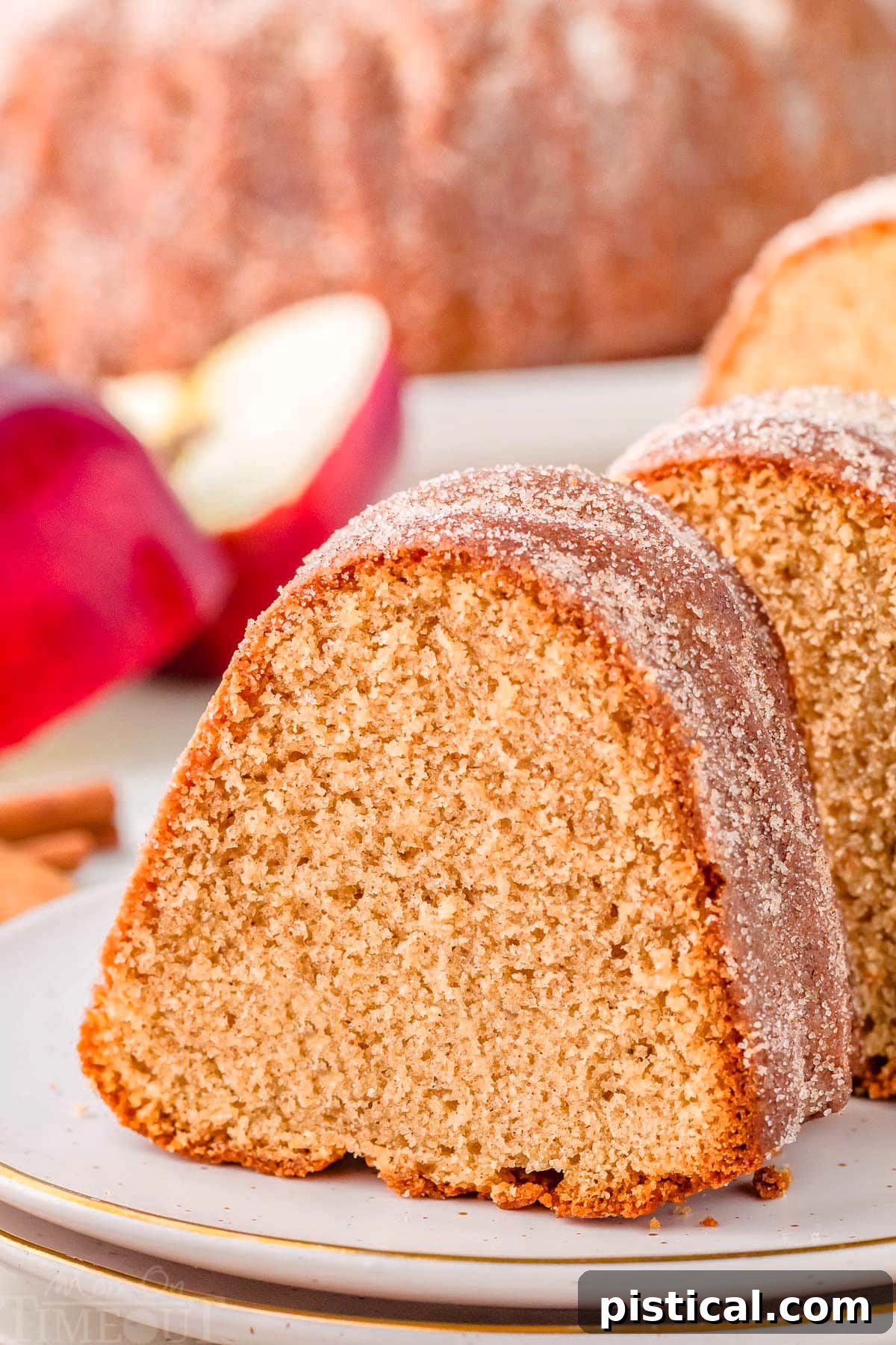 A perfectly portioned slice of Apple Cider Donut Cake on a pristine white round plate, with more cake visible in the soft-focus background, inviting viewers to indulge.
