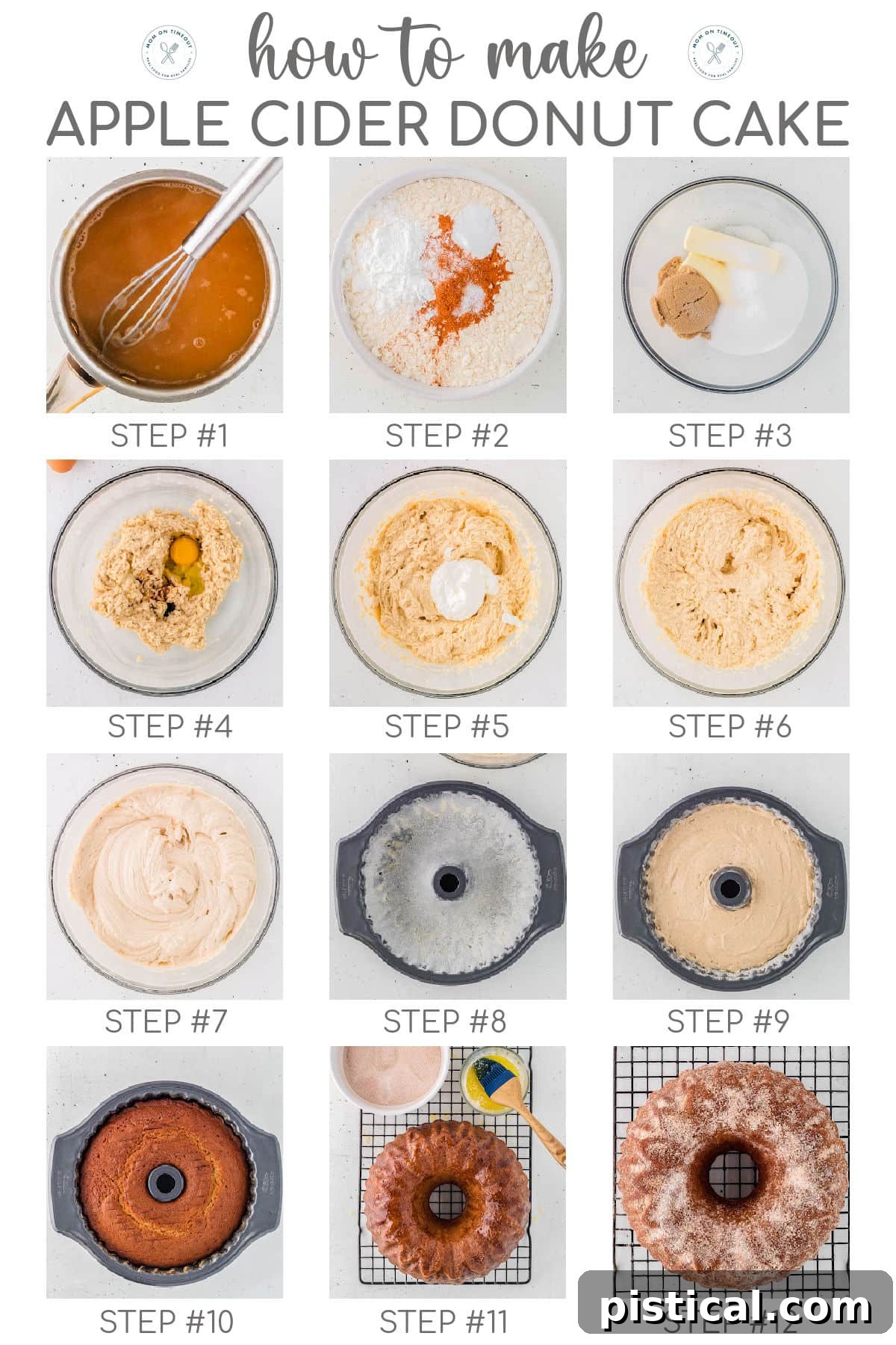 A twelve-image graphic demonstrating the step-by-step process of making an Apple Cider Donut Cake, complete with a clear title overlay at the top, making the recipe easy to follow visually.
