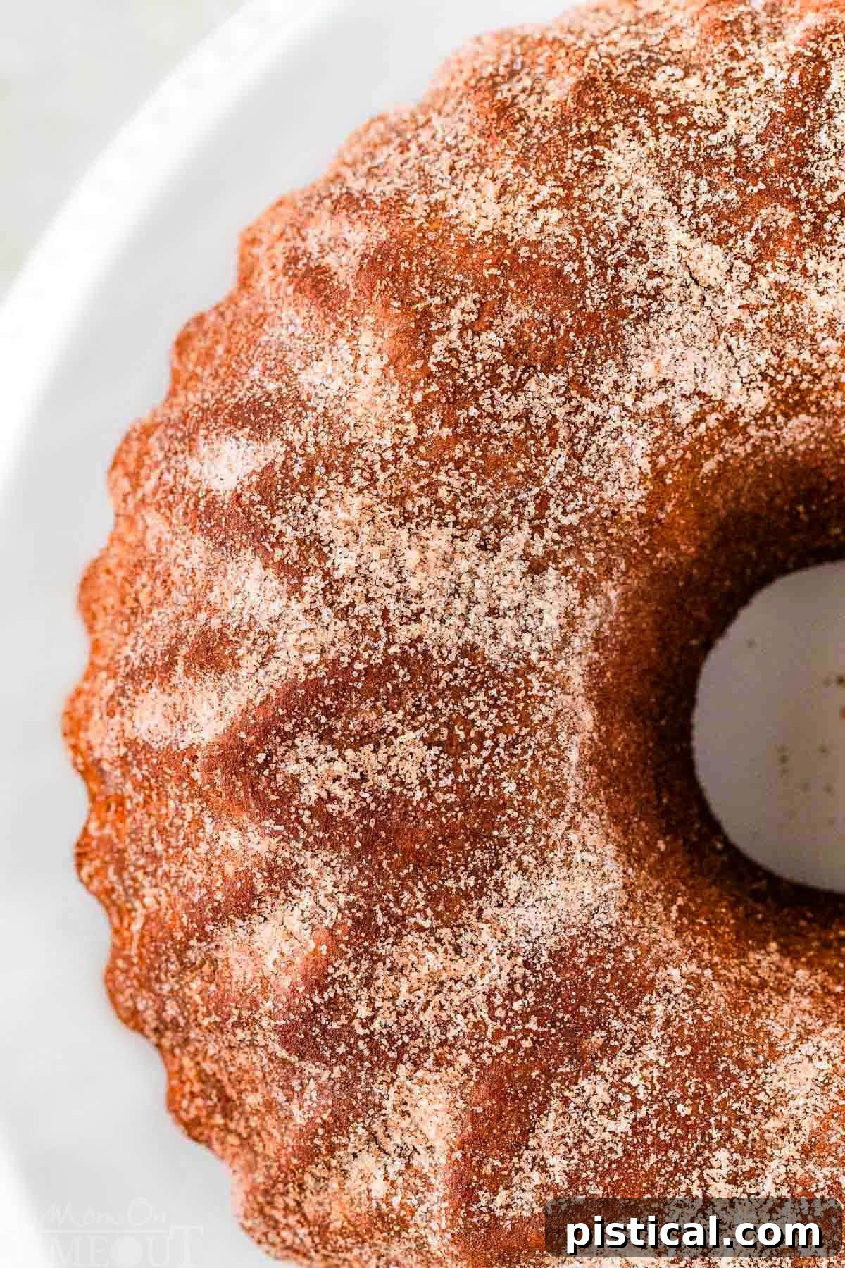A top-down view of half of the Apple Cider Donut Bundt Cake, perfectly formed and presented whole on a pristine white cake stand, showcasing its beautiful texture and golden hue.