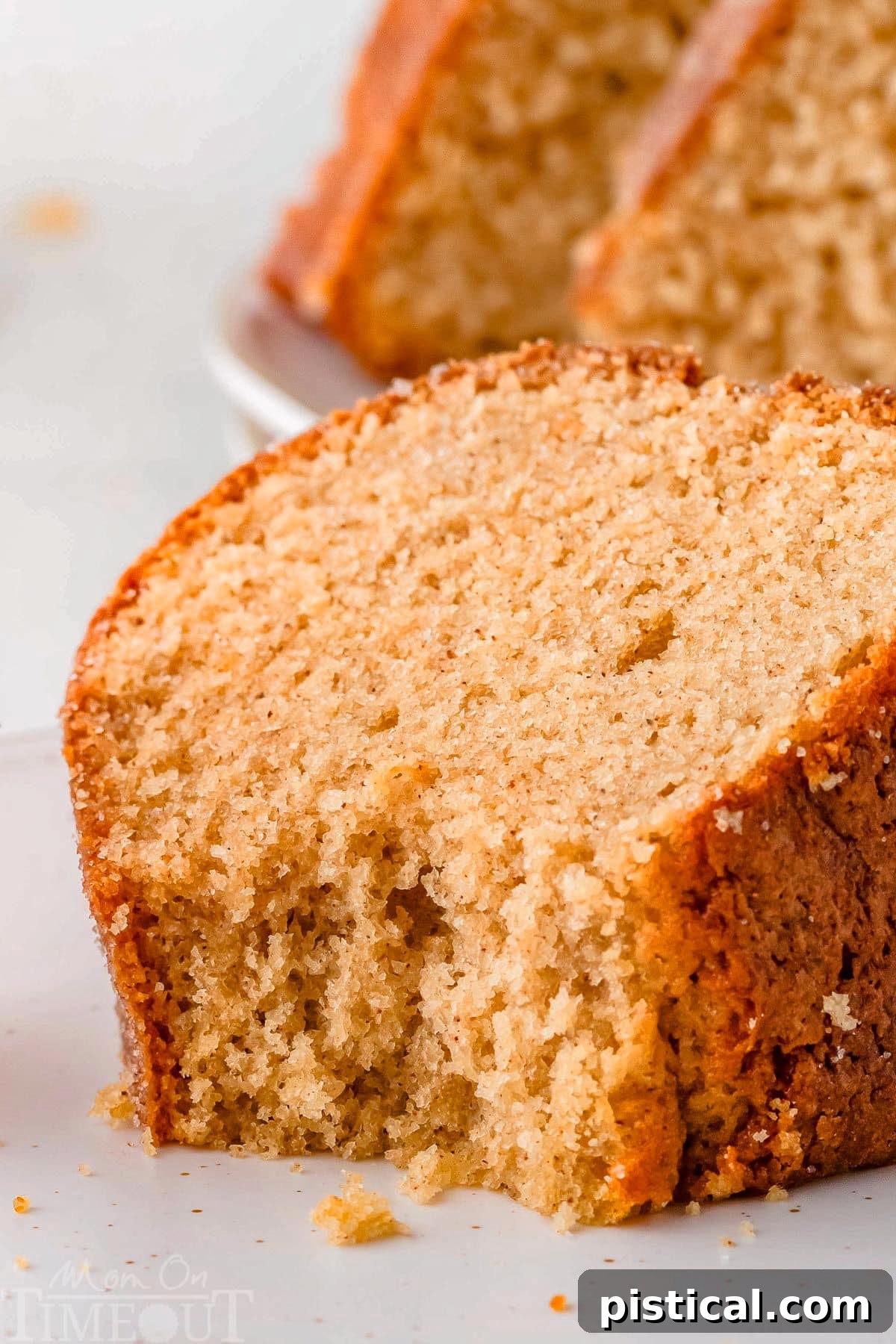 A close-up of a delightful piece of Apple Cider Donut Bundt Cake on a plate, with a bite taken out, revealing its moist and tender interior.