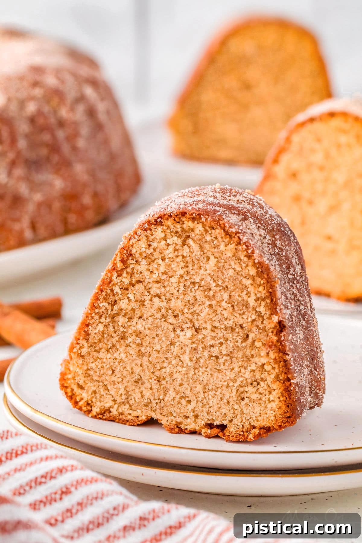 A beautifully presented slice of Apple Cider Donut Cake on a round white plate, with other delectable slices subtly blurred in the background, creating an enticing focal point.