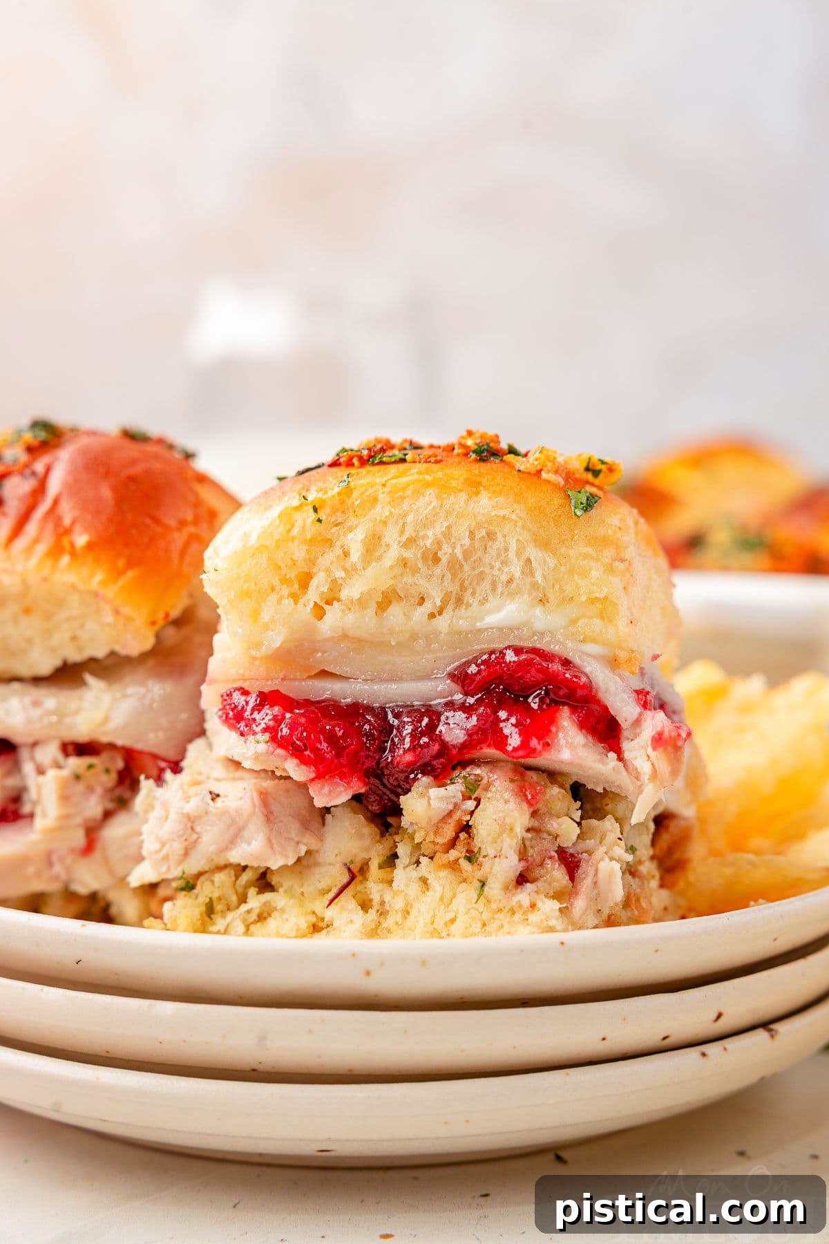 Two golden-brown Turkey Sliders, showcasing layers of juicy turkey, savory stuffing, and vibrant cranberry sauce between soft Hawaiian rolls, resting on small plates.