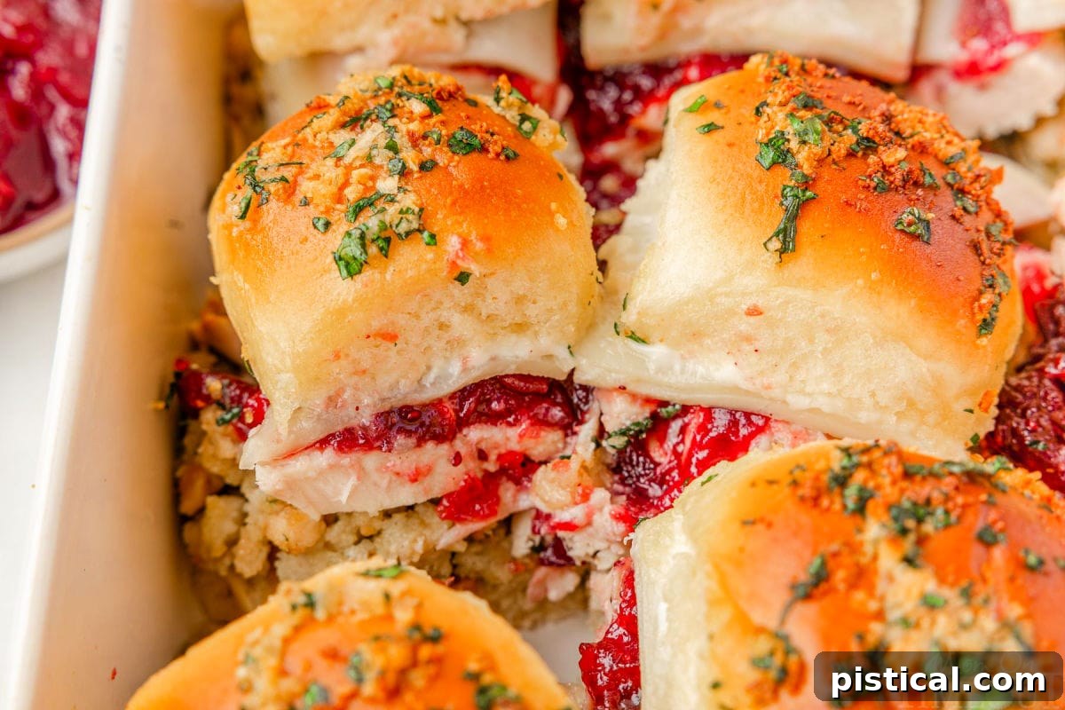 A wide shot capturing perfectly baked turkey cranberry sliders arranged neatly in a white baking dish, glistening and ready for serving.