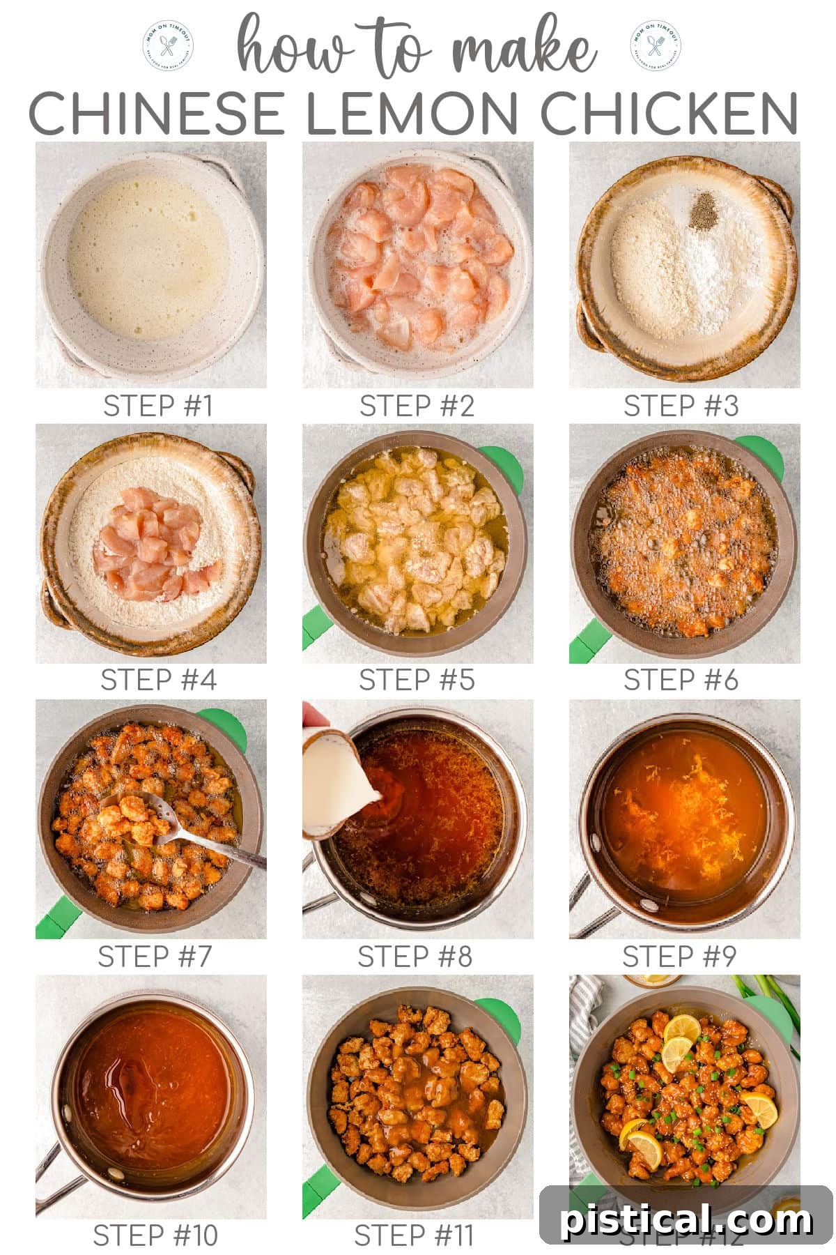 Twelve image collage showing how to make chinese lemon chicken step by step. Title overlay at top of image. A visual guide, depicting twelve step-by-step process photos on how to make Chinese Lemon Chicken.