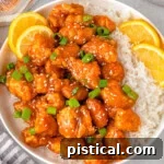 Overhead shot of lemon chicken and white rice on round plate with lime slices and green onions for garnish.