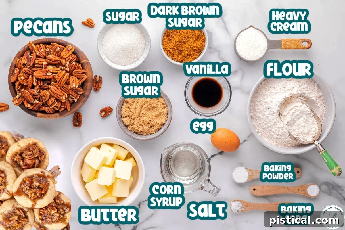 Overhead shot of pecan pie cookies ingredients laid out and ready to be used in the recipe. Each ingredient is labeled.