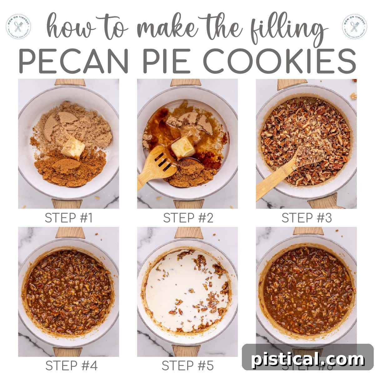 Six image graphic showing how to make the filling for pecan pie cookies. Title overlay at the top of the image.