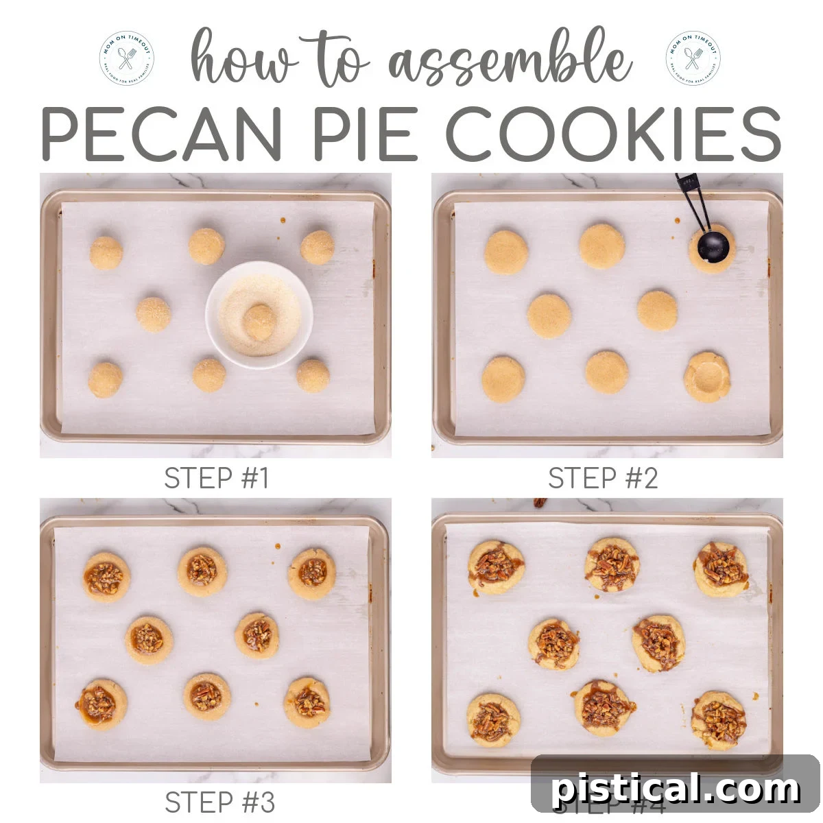 Four image graphic showing how to assemble and bake pecan pie cookies step by step. Title overlay at top of image.