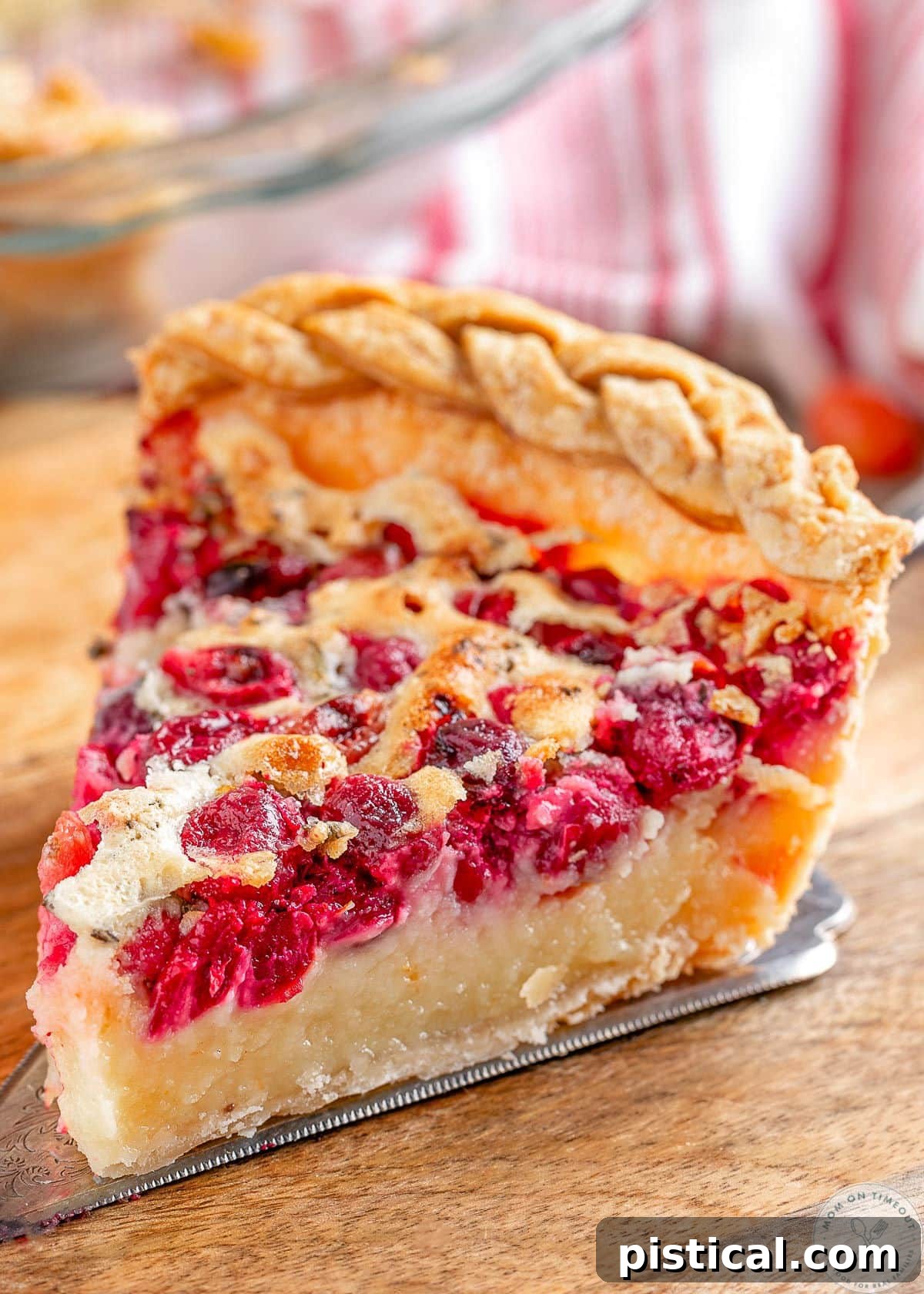 Ruby Red Custard Delight 2 A perfectly sliced piece of Cranberry Custard Pie, revealing its vibrant cranberry layer and creamy custard filling, resting on a rustic wooden cutting board, ready to be enjoyed as a holiday dessert.