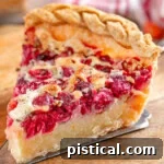 Ruby Red Custard Delight 8 Slice of cranberry custard pie sitting on wood cutting board.