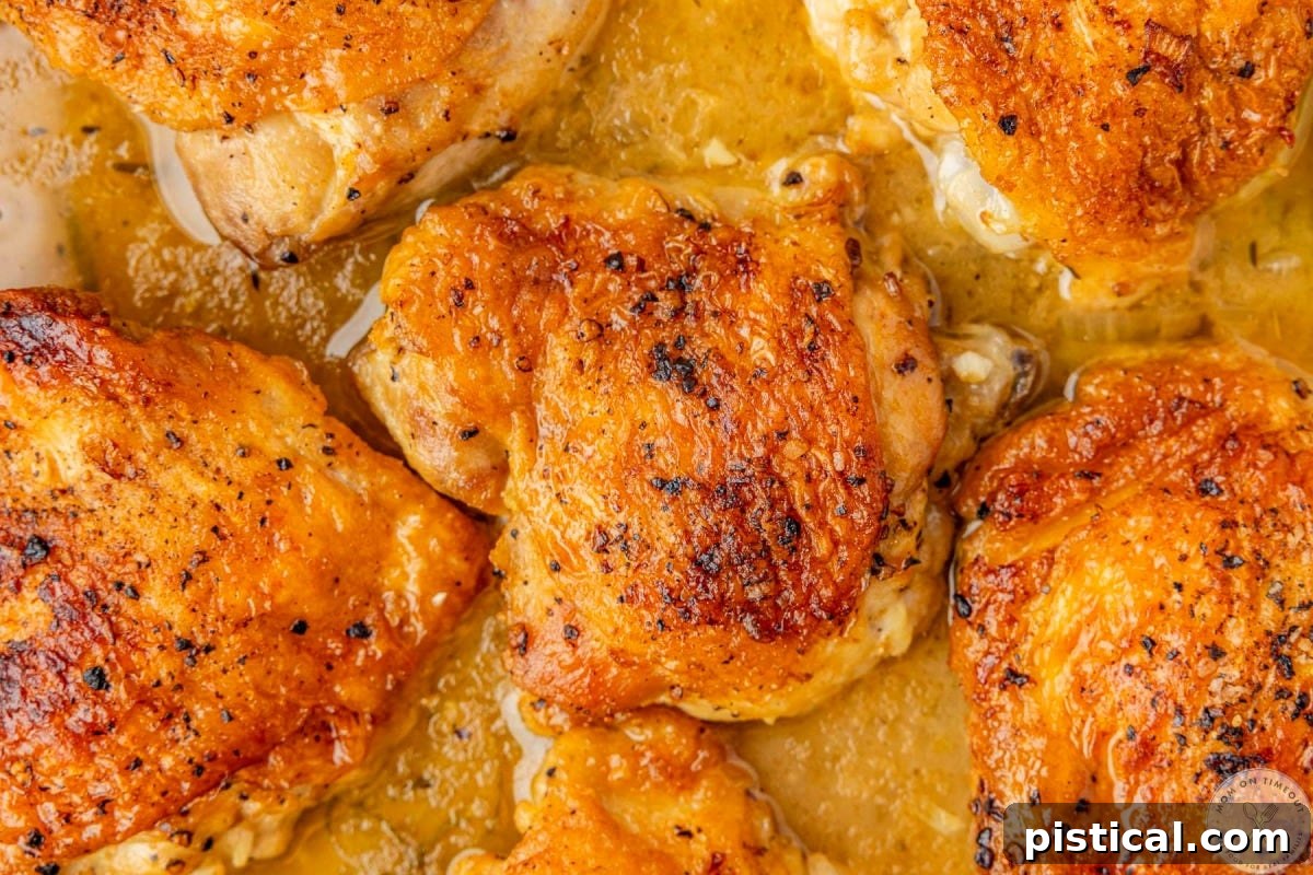 Overhead shot of braised chicken thigh recipe in pan with braising liquids.