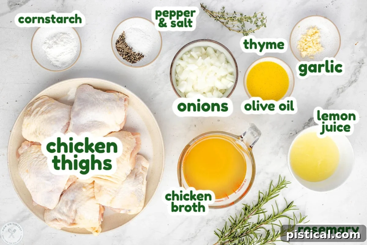 Overhead shot of braised chicken thigh ingredients measured out into small bowls and labeled.