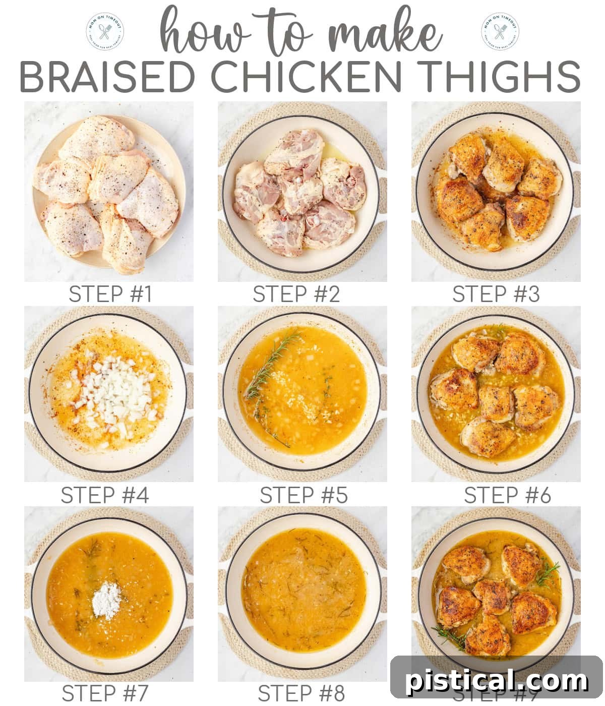 Nine image graphic showing how to make braised chicken thighs step by step with numbered overlays.