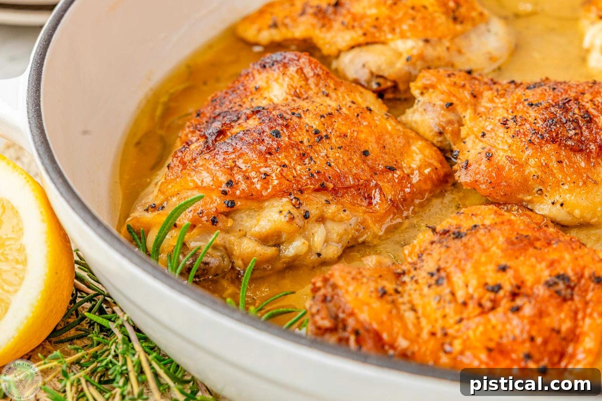 Wide shot of chicken thighs that have braised in a white skillet.