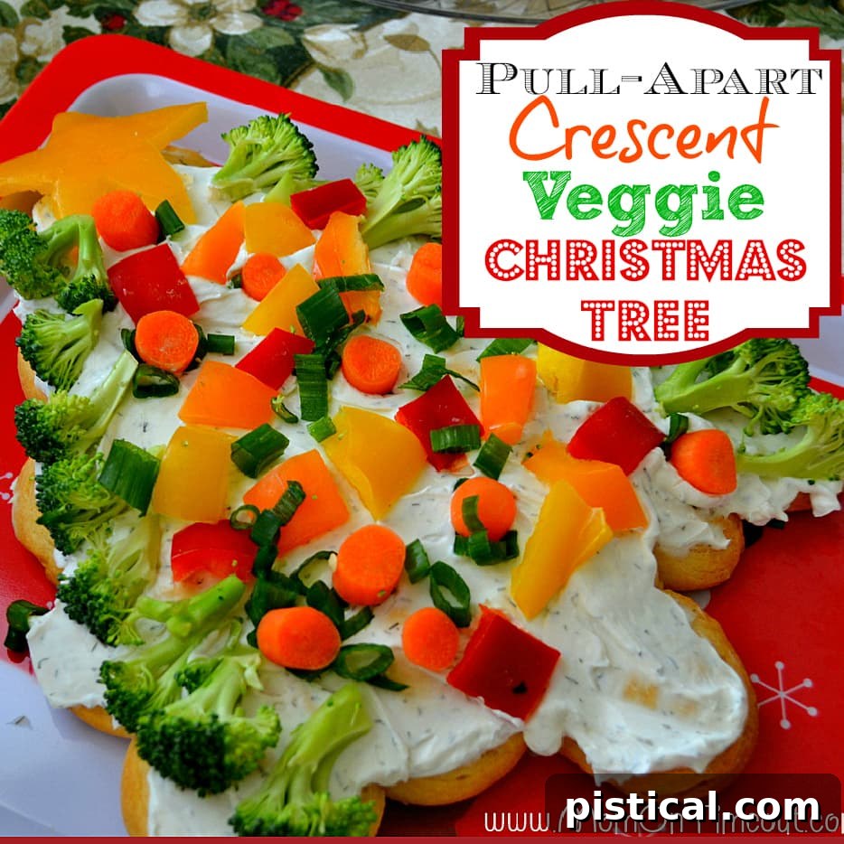 Pull-Apart Crescent Veggie Christmas Tree ready to serve on a white platter