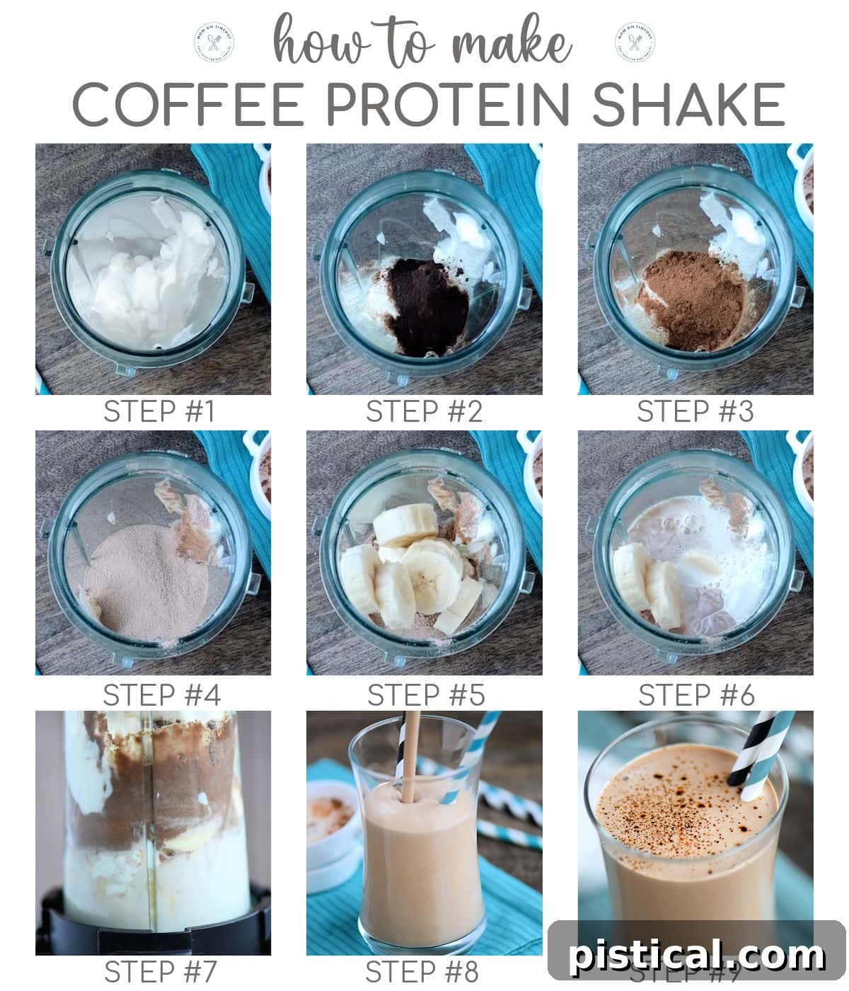 A nine-image collage showcasing the simple, step-by-step process of making the coffee protein shake recipe, from gathering ingredients to the final blend.