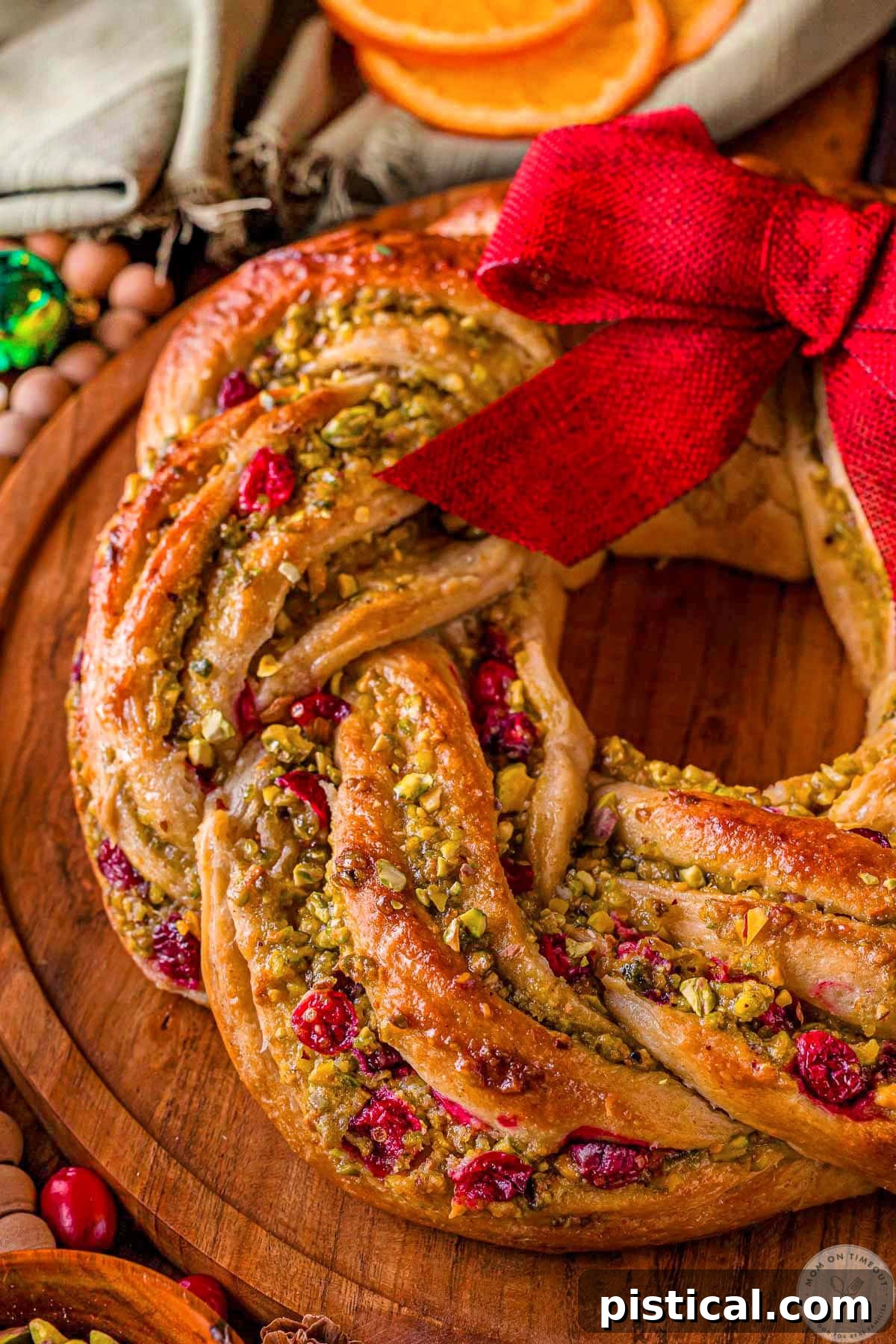 Festive Cranberry Pistachio Babka Crown 2 Angled overhead shot of babka wreath decorated for the holidays and made with pistachios and cranberries. A bow is tied at the top of the babka.