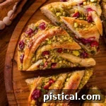 Four pieces of babka bread wreath cut up on a round board.