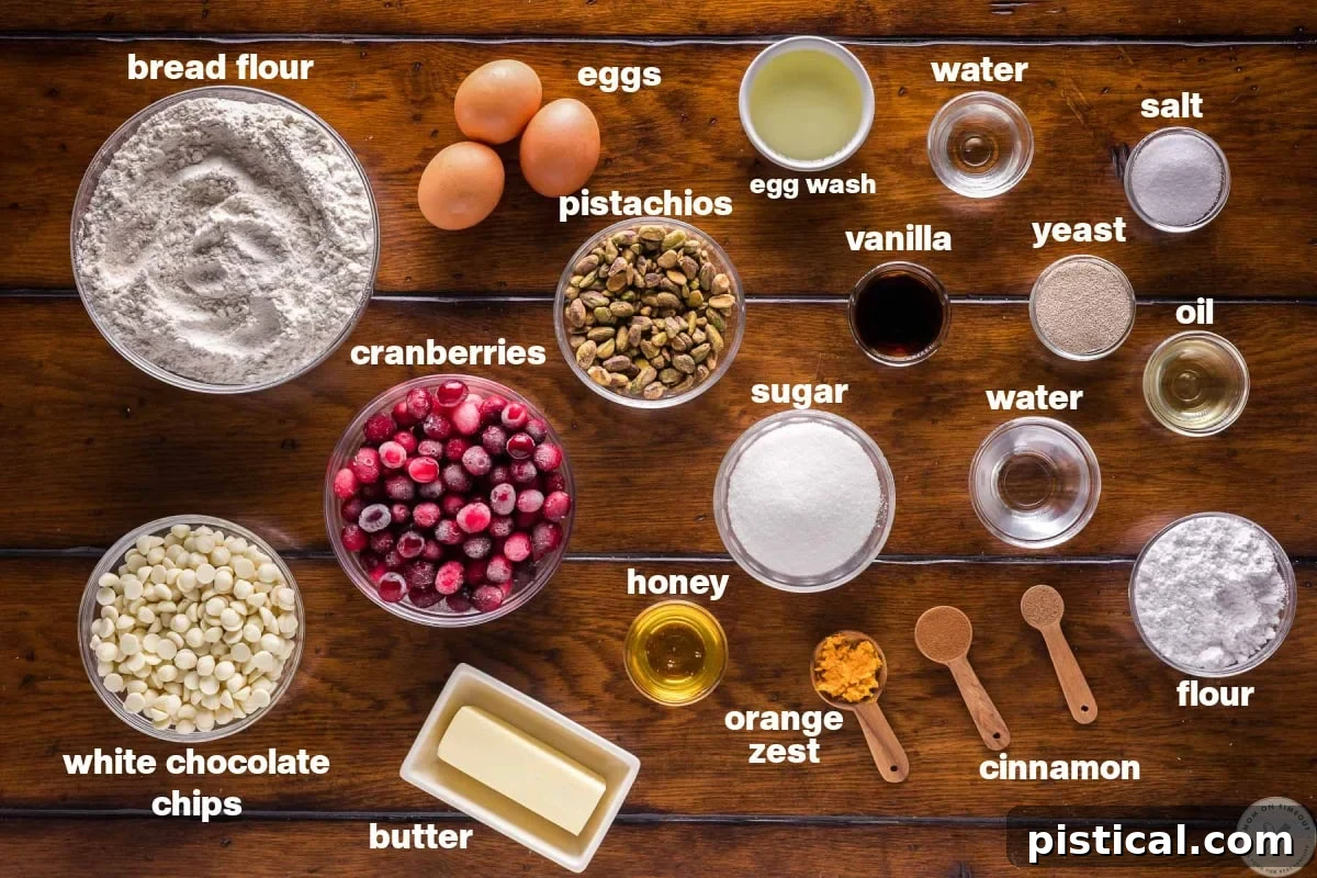 Festive Cranberry Pistachio Babka Crown 5 Flat lay shot of cranberry pistachio babka recipe ingredients in bowls and labeled.