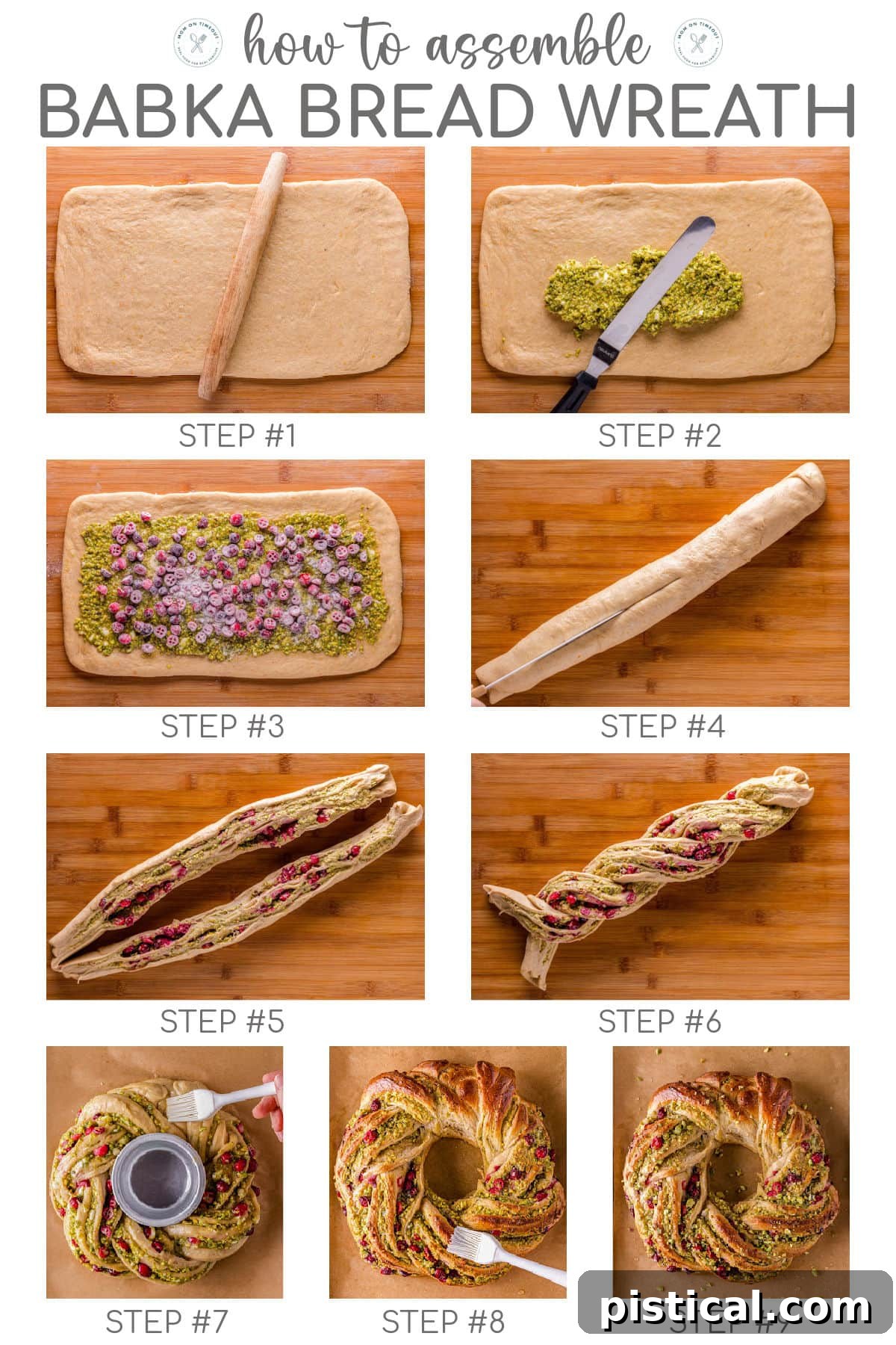 Festive Cranberry Pistachio Babka Crown 8 Nine image collage showing how to shape and assemble babka bread recipe into a wreath and bake. Text overlay at the top of the image.