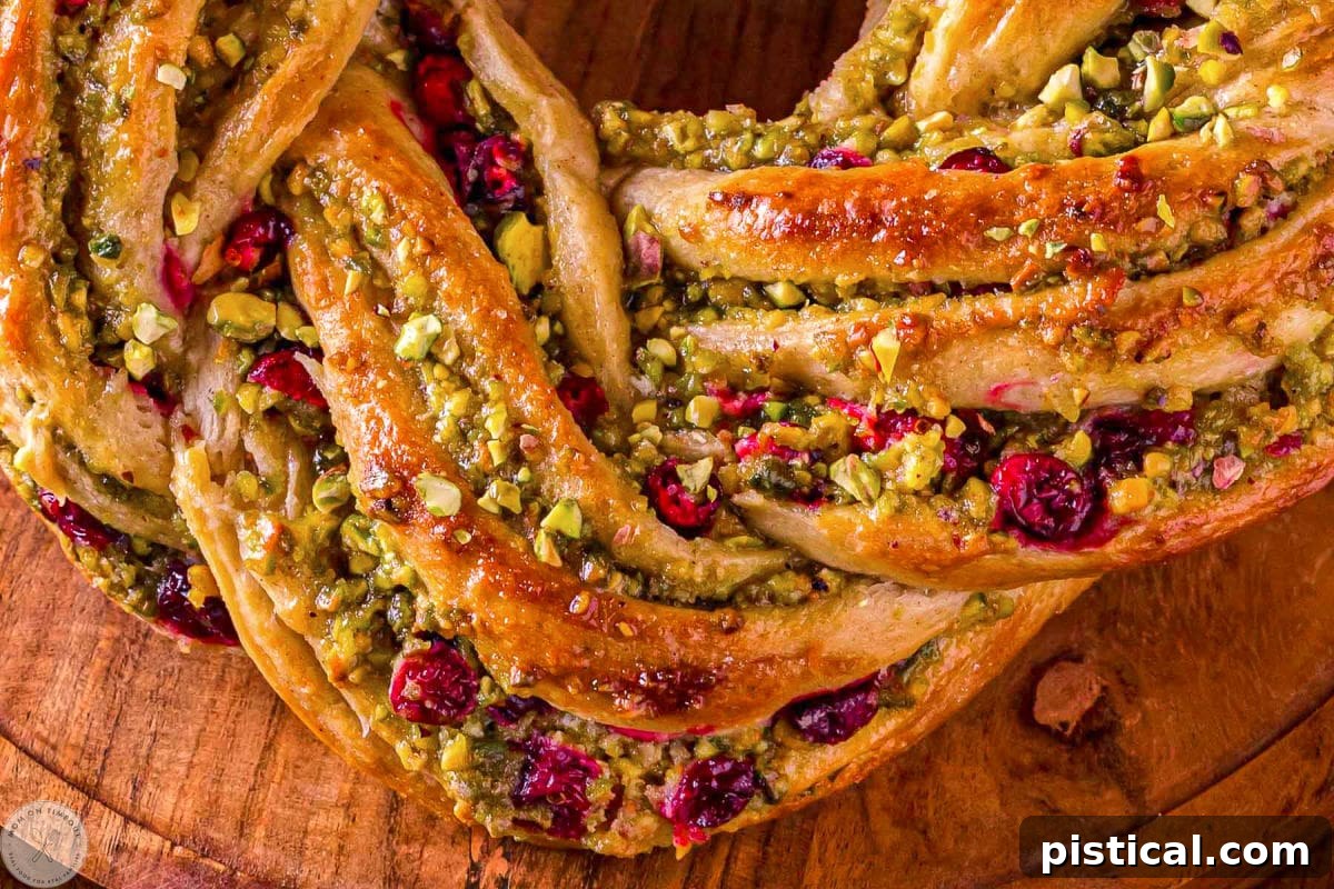 Festive Cranberry Pistachio Babka Crown 10 Close up look at the intricate braiding of the babka bread recipe.