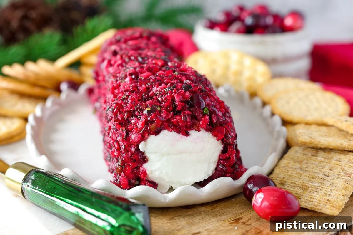 Zesty Cranberry Salsa 3 Front view of goat cheese log covered with cranberry salsa. Shown with cheese knife and crackers.