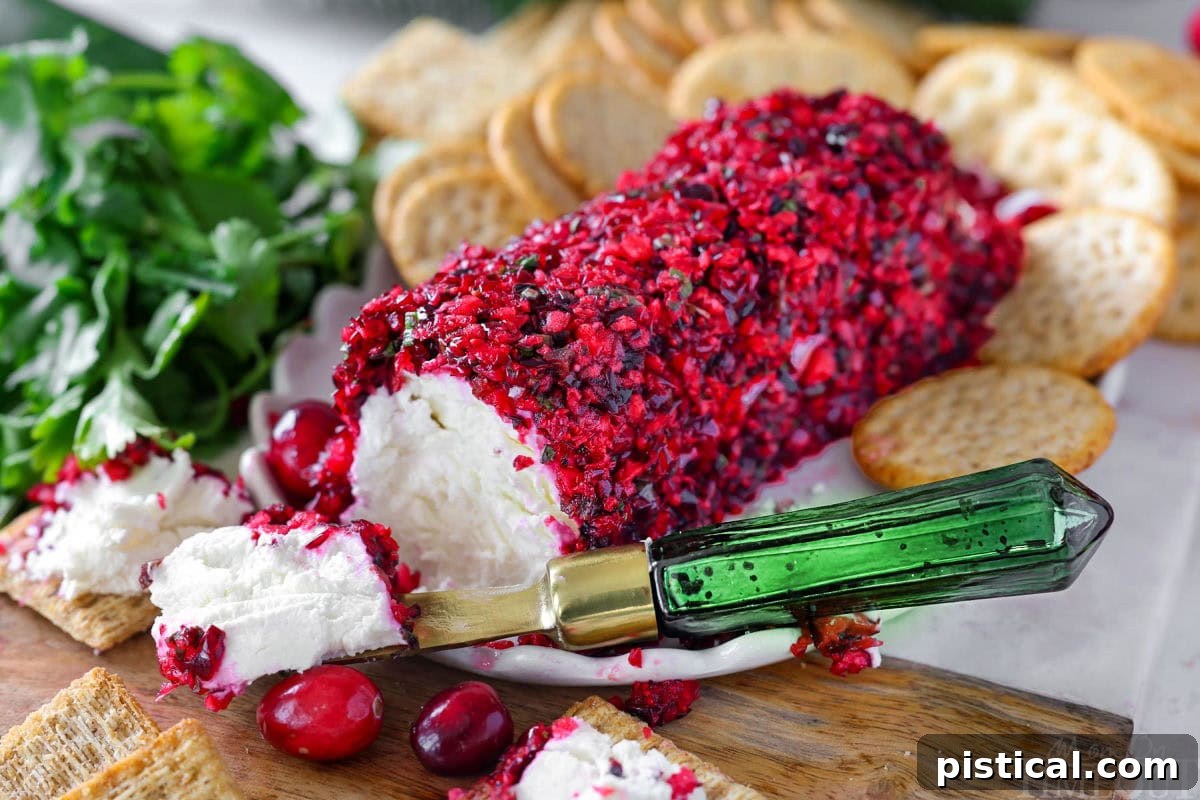 Zesty Cranberry Salsa 4 Wide shot of cranberry salsa coated goat cheese log on board with crackers. A green cheese knife is set beside the cheese log.