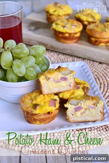 A perfectly baked Potato, Ham and Cheese Crescent Mini Quiche with a golden crust