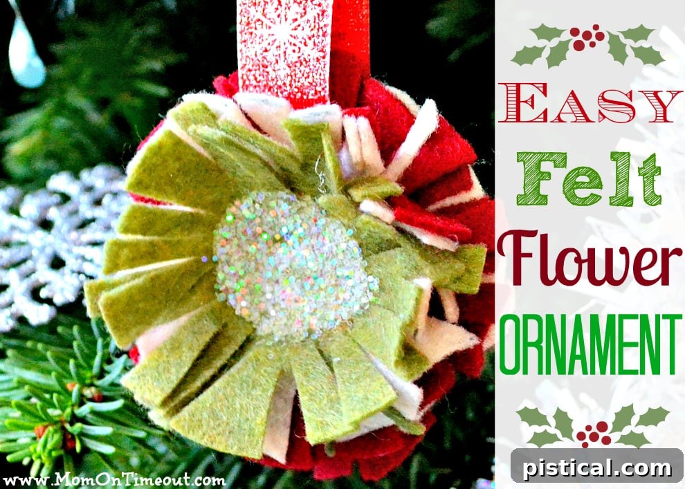 Completed easy felt flower ornaments tutorial steps