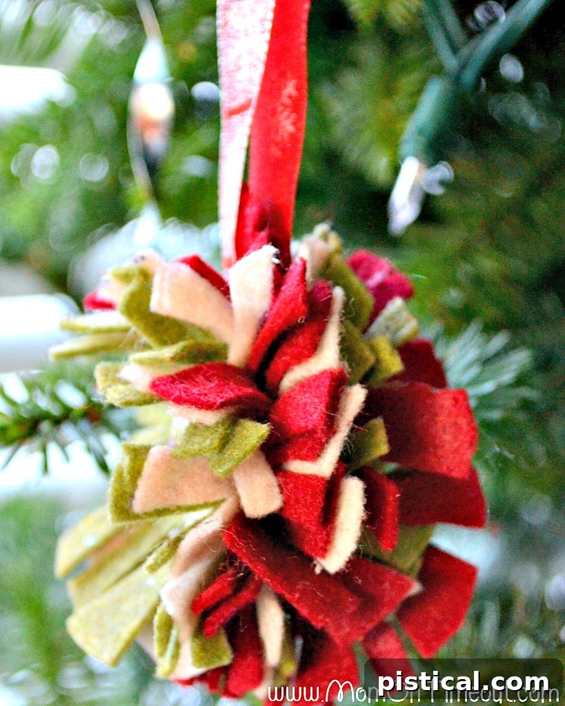 Side view of completed layered felt flower ornament