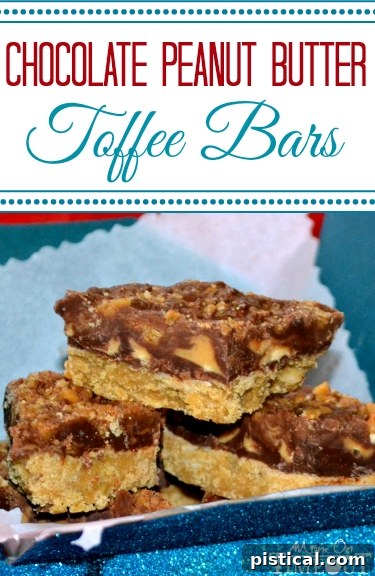 Decadent Chocolate Peanut Butter Toffee Bars, perfectly cut and ready to serve on a party tray. A close-up shot highlighting the layers of chocolate, peanut butter, and toffee bits.