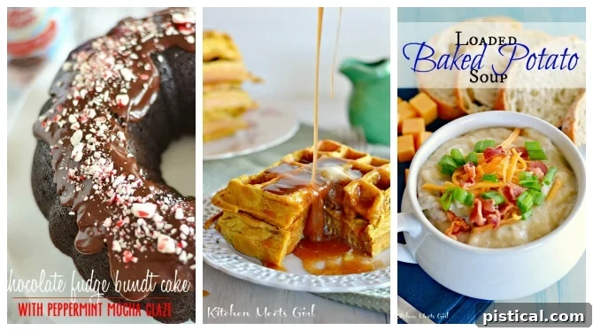 A vibrant collage showcasing three delicious recipes from Kitchen Meets Girl: a rich Chocolate Fudge Bundt Cake, fluffy Pumpkin Waffles with Apple Cider Syrup, and a creamy Loaded Baked Potato Soup.