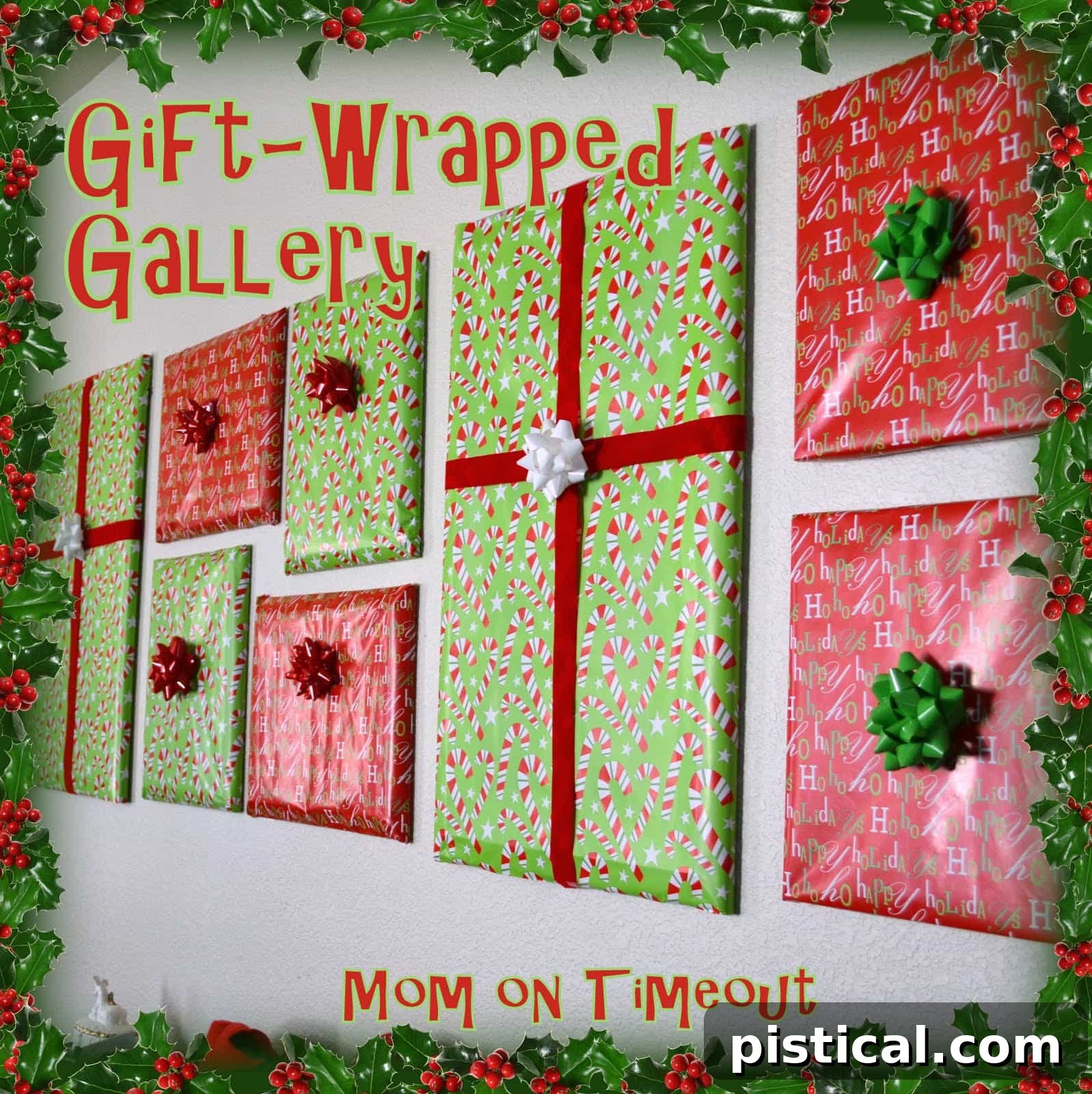Beautifully wrapped picture frame as a Christmas decoration, resembling a gift