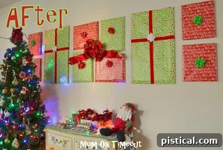Two pictures frames wrapped in different red and white themed Christmas papers, displayed on a wall