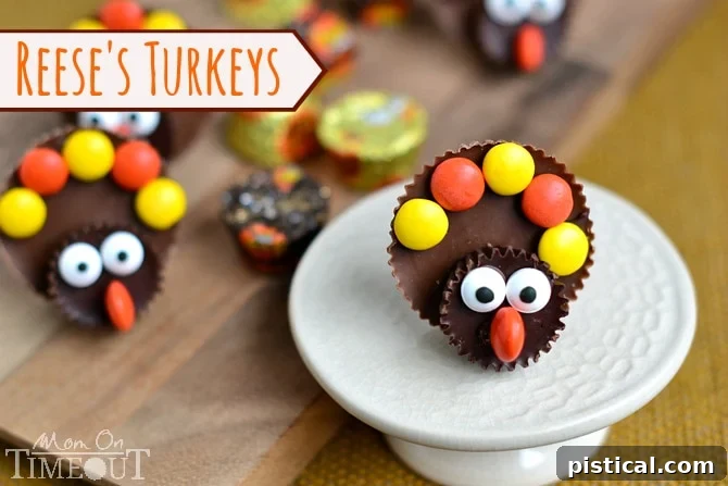 Close-up of three charming Reese's Turkeys on a white background, ideal for a festive Thanksgiving treat | MomOnTimeout.com