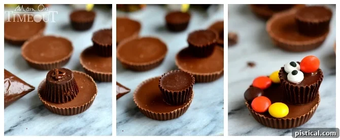 Ingredients for making Reese's Turkeys, including peanut butter cups, candy eyes, and Reese's Pieces for Thanksgiving fun | MomOnTimeout.com