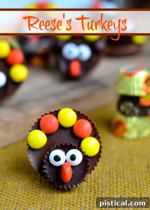 Finished Reese's Turkey dessert with colorful Reese's Pieces feathers, perfect for a festive holiday dessert | MomOnTimeout.com