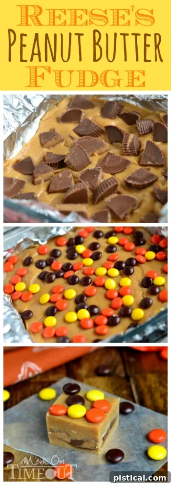 A large slab of Reese's Peanut Butter Fudge, showcasing its rich, dense texture and the visible peanut butter cups and Reese's Pieces on top.