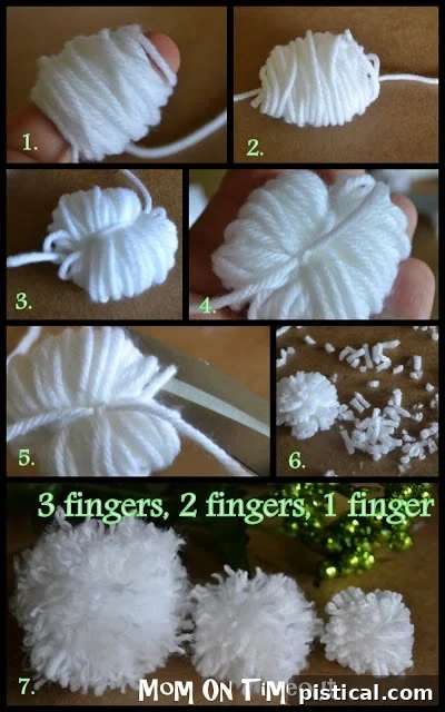 A close-up image showing a hand wrapping yarn around fingers, demonstrating the first step of the pom pom making process.