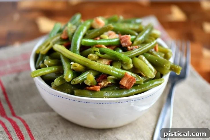 A bowl of Nana's green beans with bacon, ready to be served