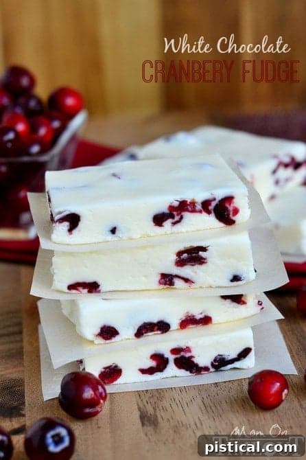 Smooth, creamy white chocolate cranberry fudge studded with bright red cranberries, perfect for festive holiday tables.