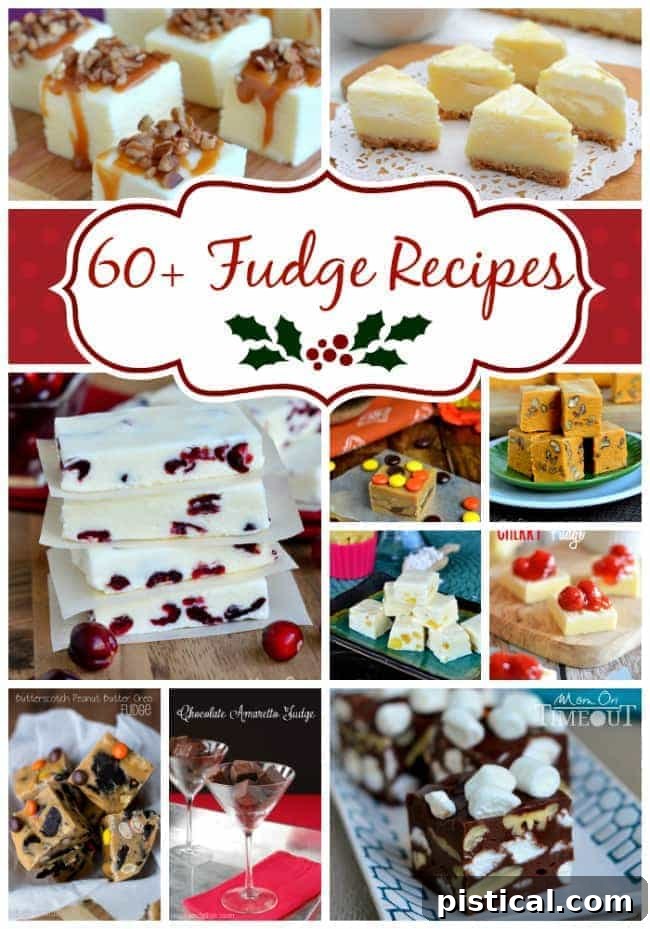 60+ Fabulous Fudge Recipes Collection | MomOnTimeout.com A collage of over 60 fabulous fudge recipes, perfect for holiday baking and sweet treats, featuring various flavors and textures for all tastes.