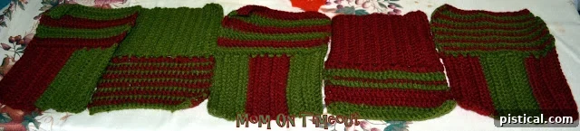 Work in progress showing a partially completed crochet block with red and green yarn, illustrating Section A's foundation rows.