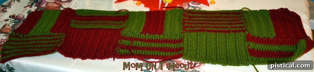 Two views of the completed red and green Christmas runner, one full length and another close-up of the block arrangement.