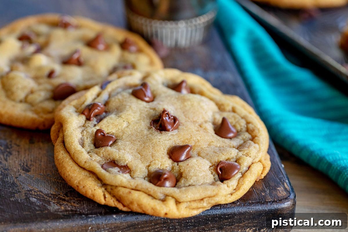 two chocolate chip cookies on dark cutting board with teal napkin on the right