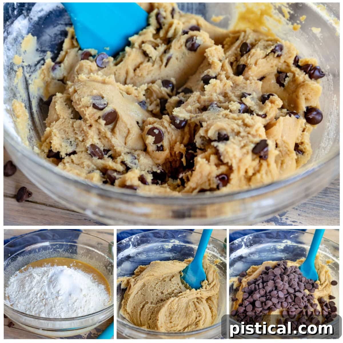 how to make chocolate chip cookies 4 image collage showing the cookie dough being made step by step