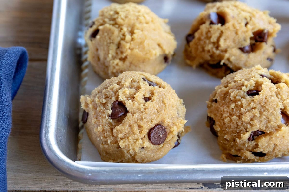 chewy chocolate chip cookies dough scooped onto baking sheet