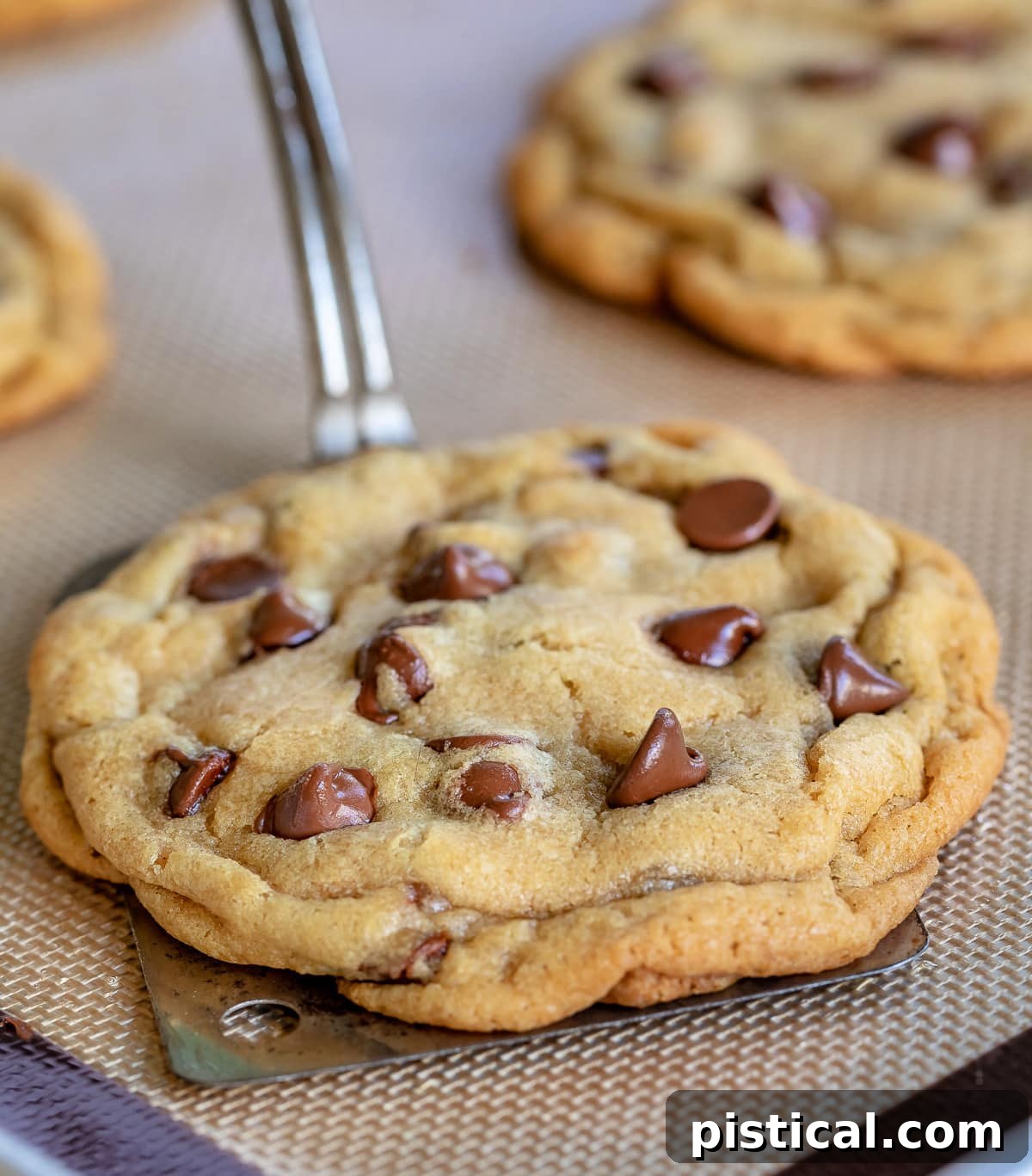 chocolate chip cookie being removed from silicone baking mat with metal spatula 1 shorter